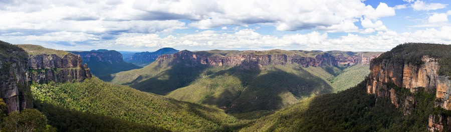 A canyon landscape with steep cliffs and dense green vegetation.