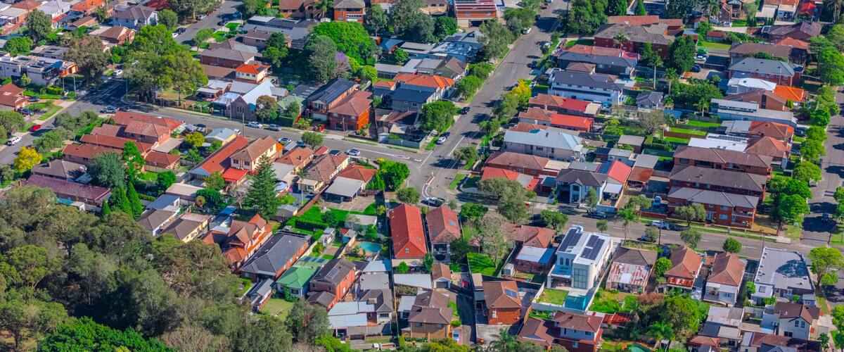 Panorama aerial drone view of western Sydney Suburbs of Canterbury Burwood Ashfield Marrickville Campsie with Houses roads and parks in Sydney New South Wales NSW Australia