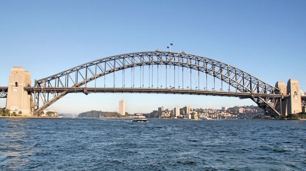 A large steel arch bridge over a body of water with a cityscape in the background.