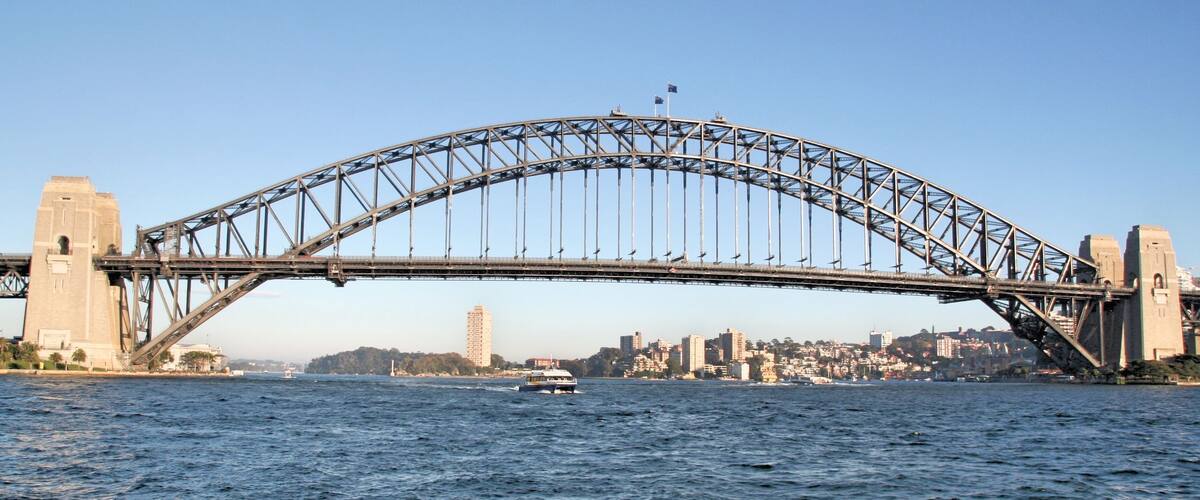 A large steel arch bridge over a body of water with a cityscape in the background.