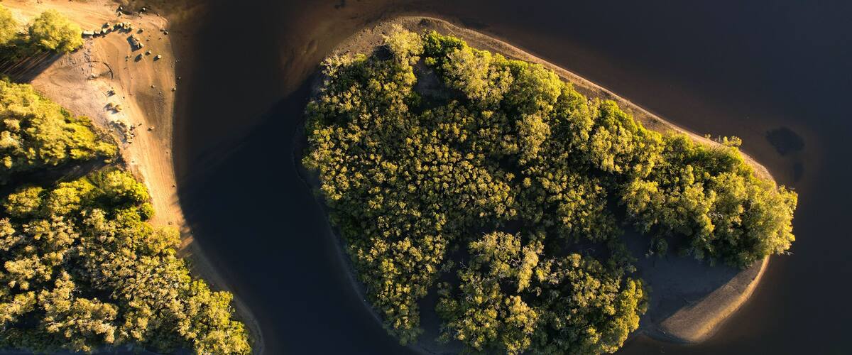 An aerial view of a coastal landscape with a large forested island and a smaller peninsula.