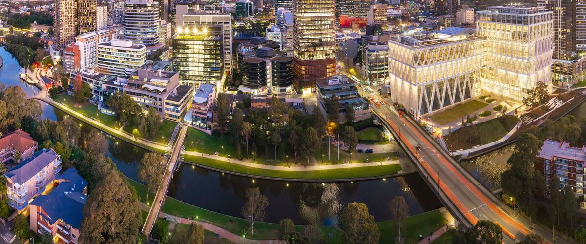 Aerial Parramatta CBD Sunset no sky narrow pan