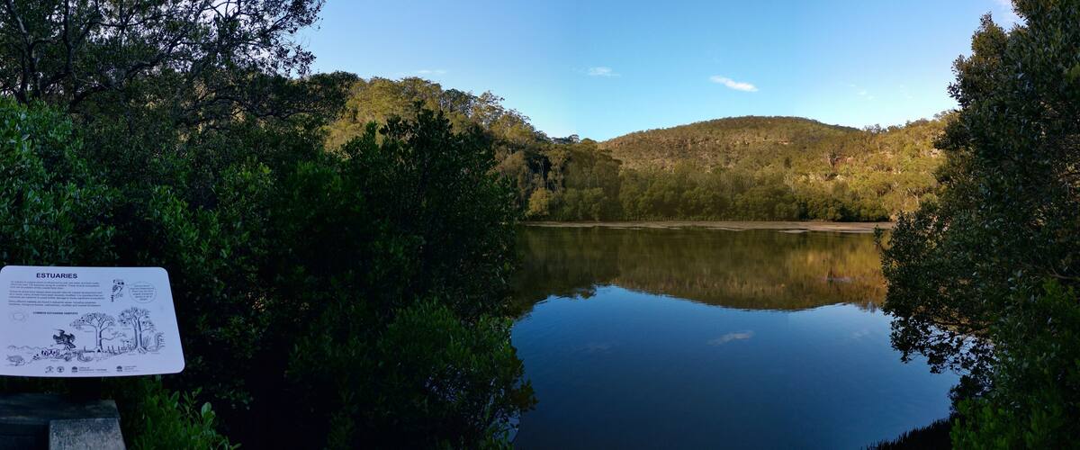 A calm lake surrounded by dense greenery and hills.
