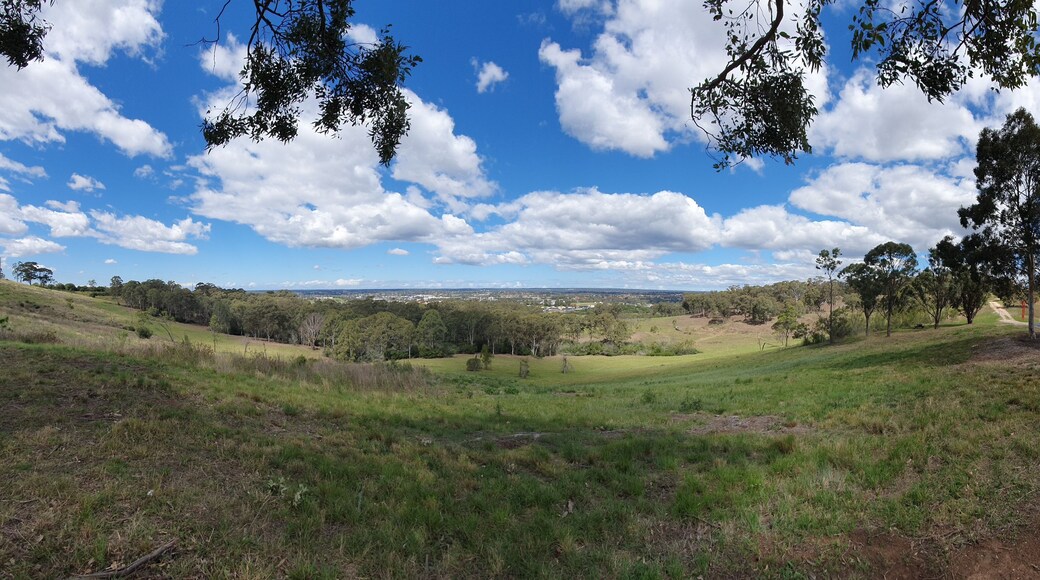 A hilly landscape with a road, trees, and a clear blue sky with clouds.