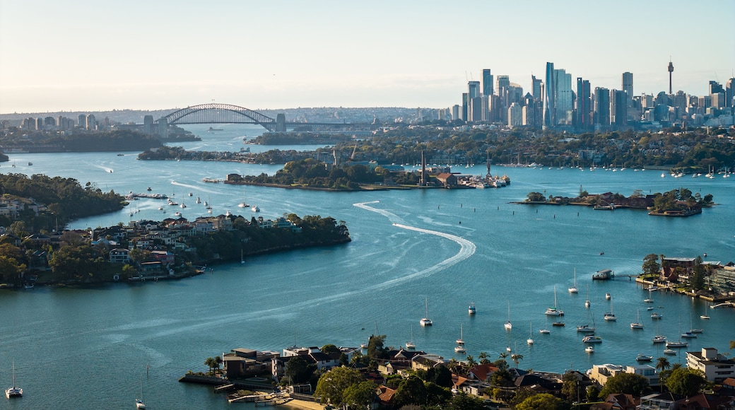 A coastal cityscape with a prominent bridge, numerous boats, and a dense urban skyline.
