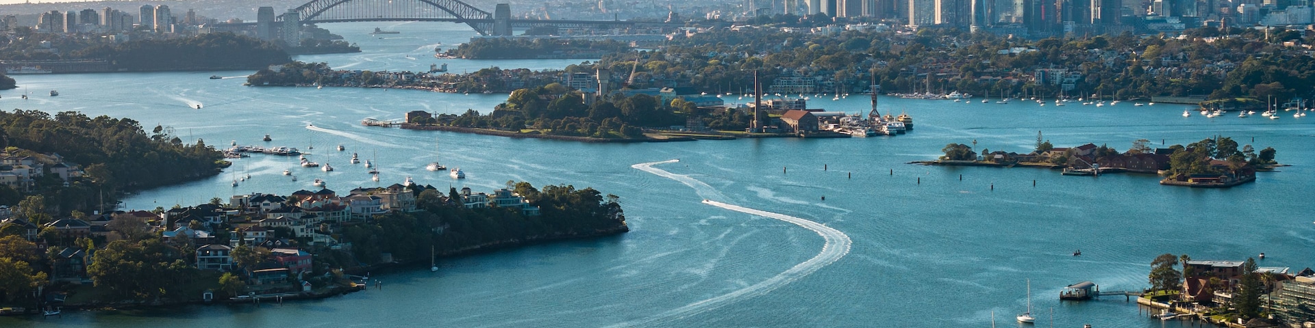 Paisagem costeira urbana com uma ponte imponente, vários barcos e um horizonte urbano denso.