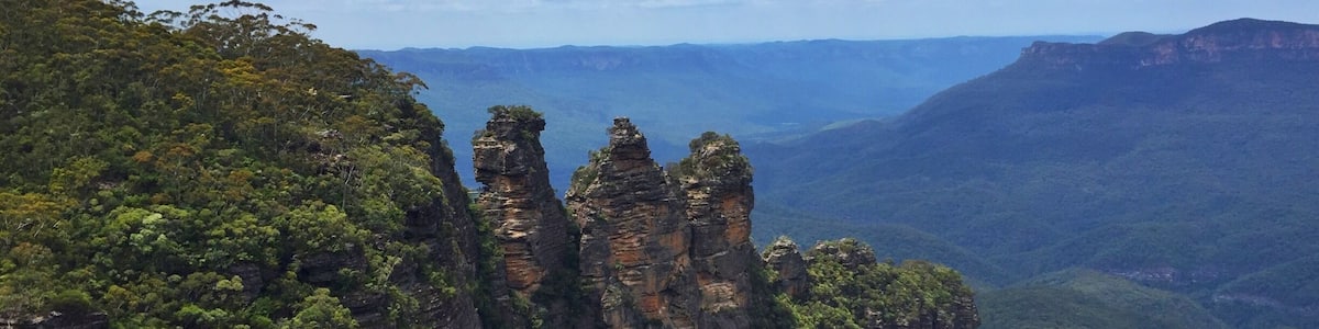 A landscape with towering rock formations surrounded by dense green forest.