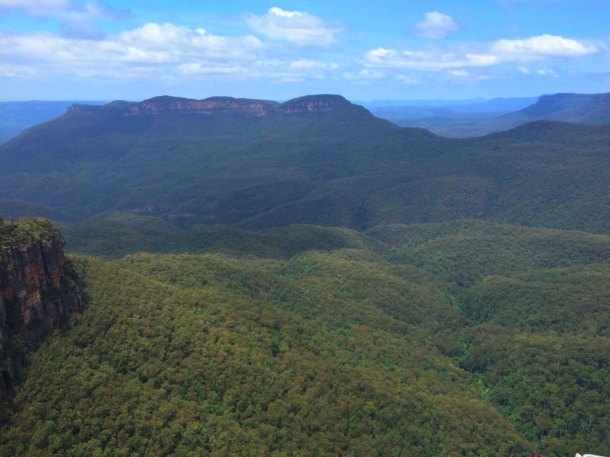 A mountainous landscape with dense forests and a prominent cliff.