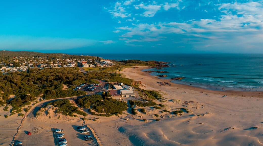 A coastal landscape with a sandy beach, a clear sky, and a distant town.