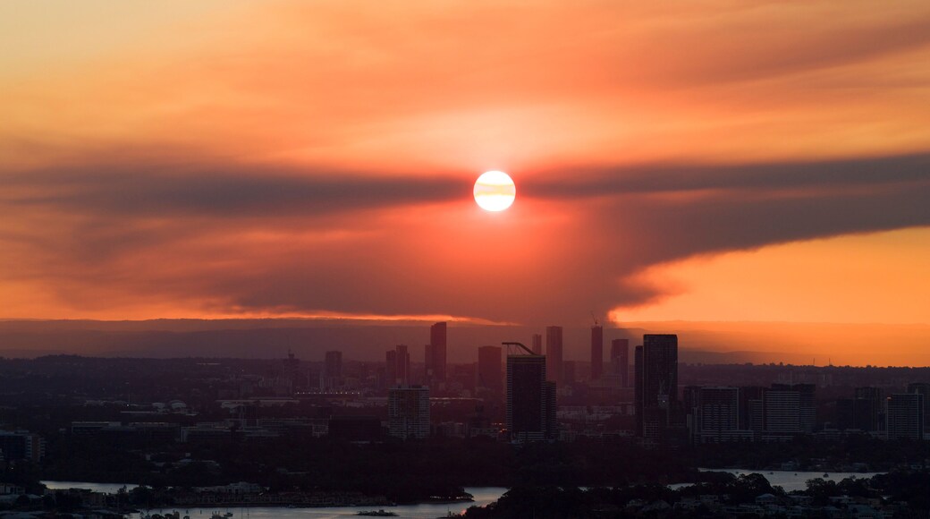Bushfire smoke hanging over Western Sydney at sunset.