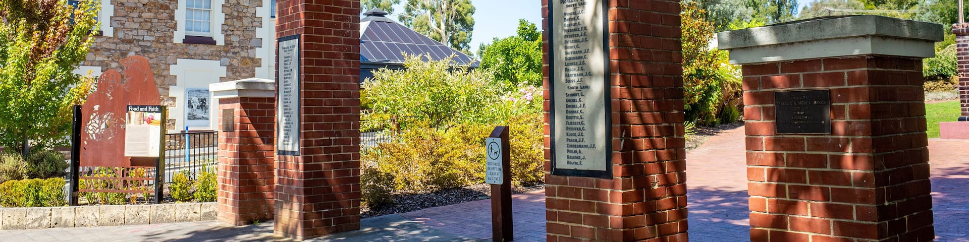 The entrance gate of the Pioneer Memorial Gardens in Hahndorf, South Australia. The gardens commemorate the centenary of Hahndorf and the 52 families who originally settled in the area.