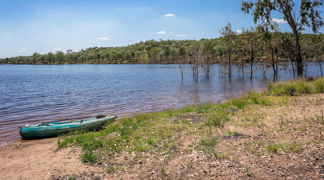 Un lago tranquillo con una canoa verde sulla riva, circondato da alberi e un cielo sereno.