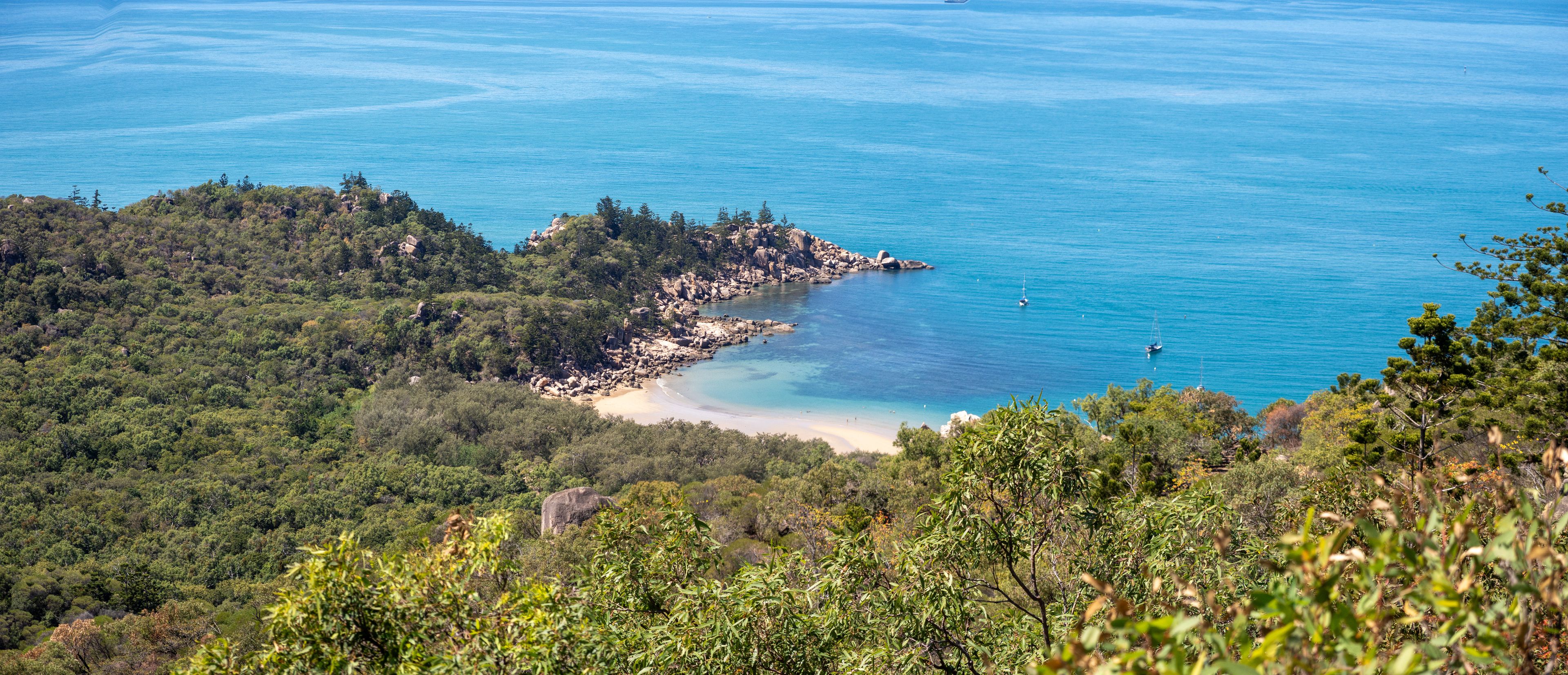 Aerial view of the secluded beach of Florence Bay from the Forts Hiking Trail, Magnetic Island , Queensland, Australia