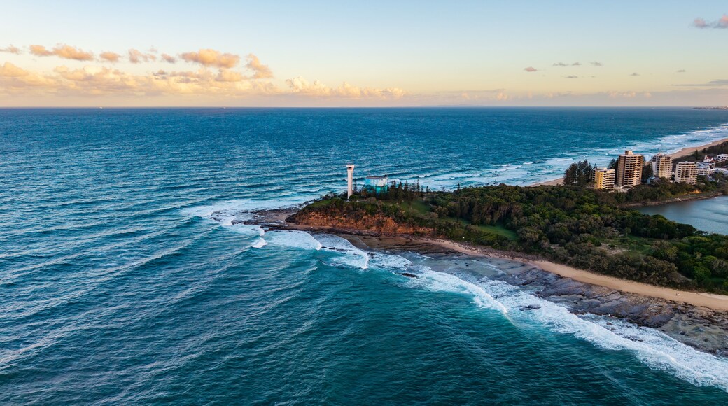 Aerial View of Point Cartwright Lighthouse and Mooloolah River Estuary at Golden Hour on Australia's Sunshine Coast, Queensland