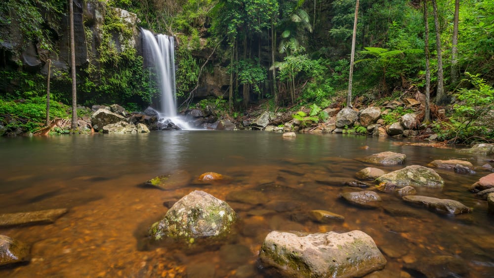 A waterfall in a forested area with clear water and rocks in the foreground.