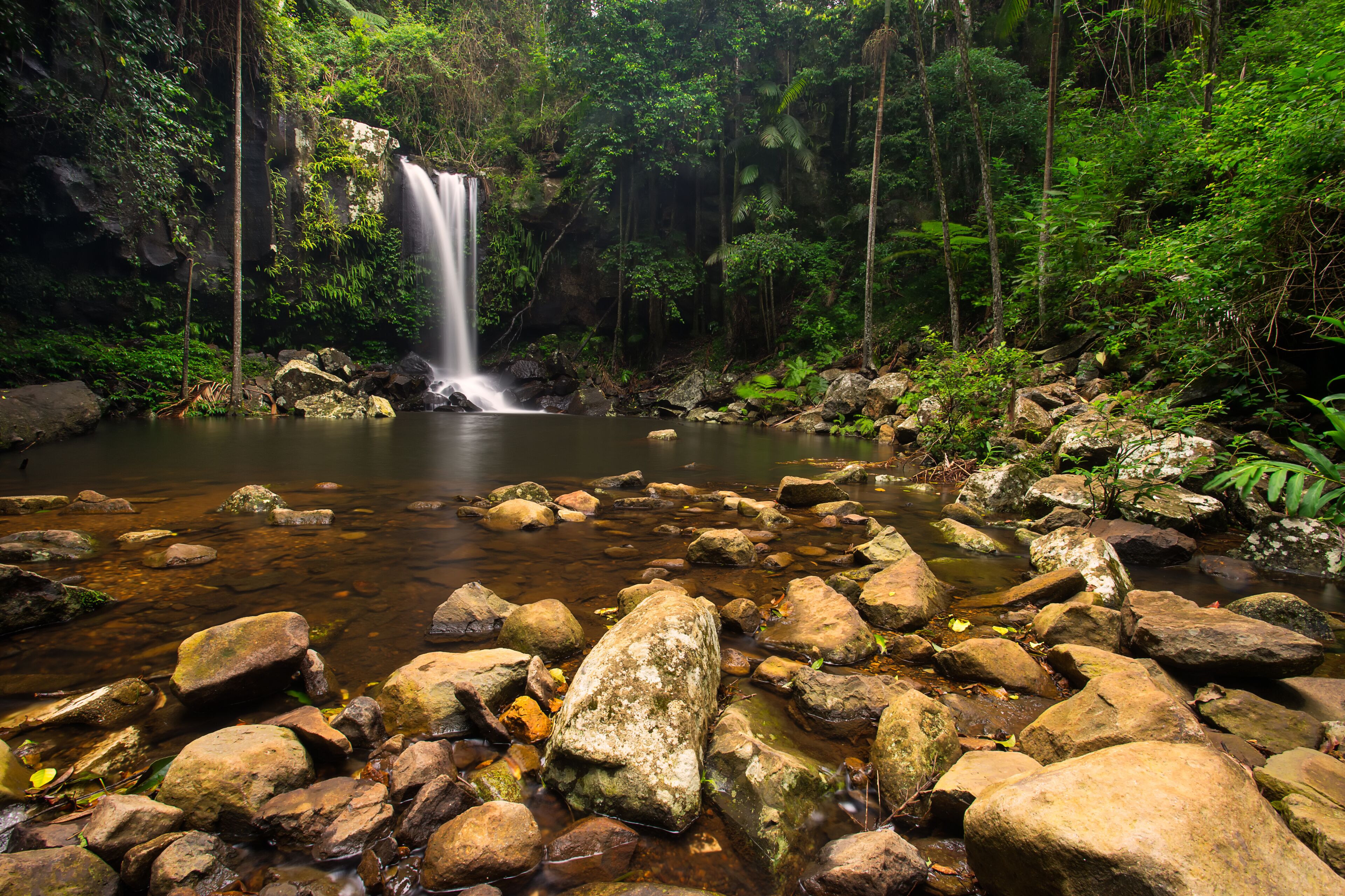 A waterfall surrounded by rocks and lush greenery.