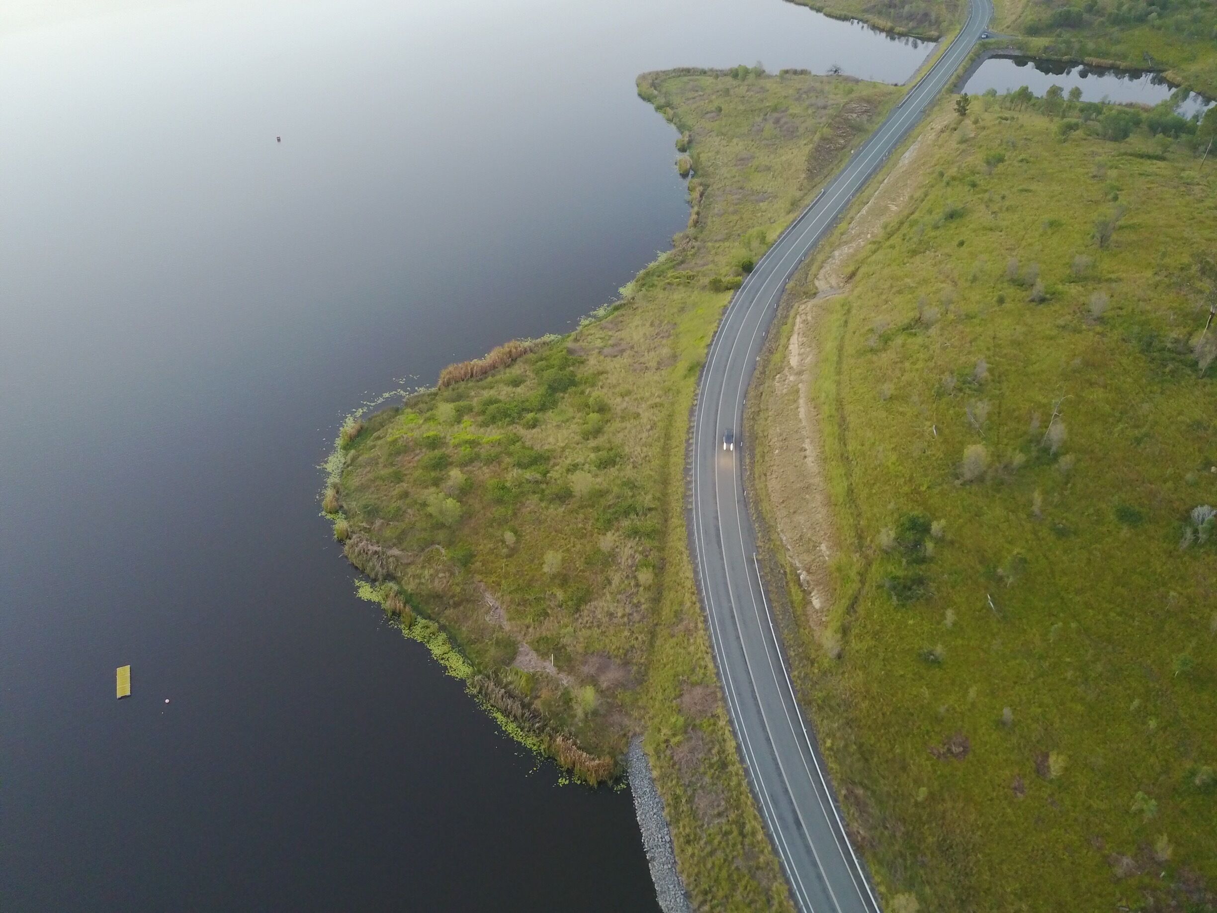 A winding road alongside a calm lake with grassy banks.