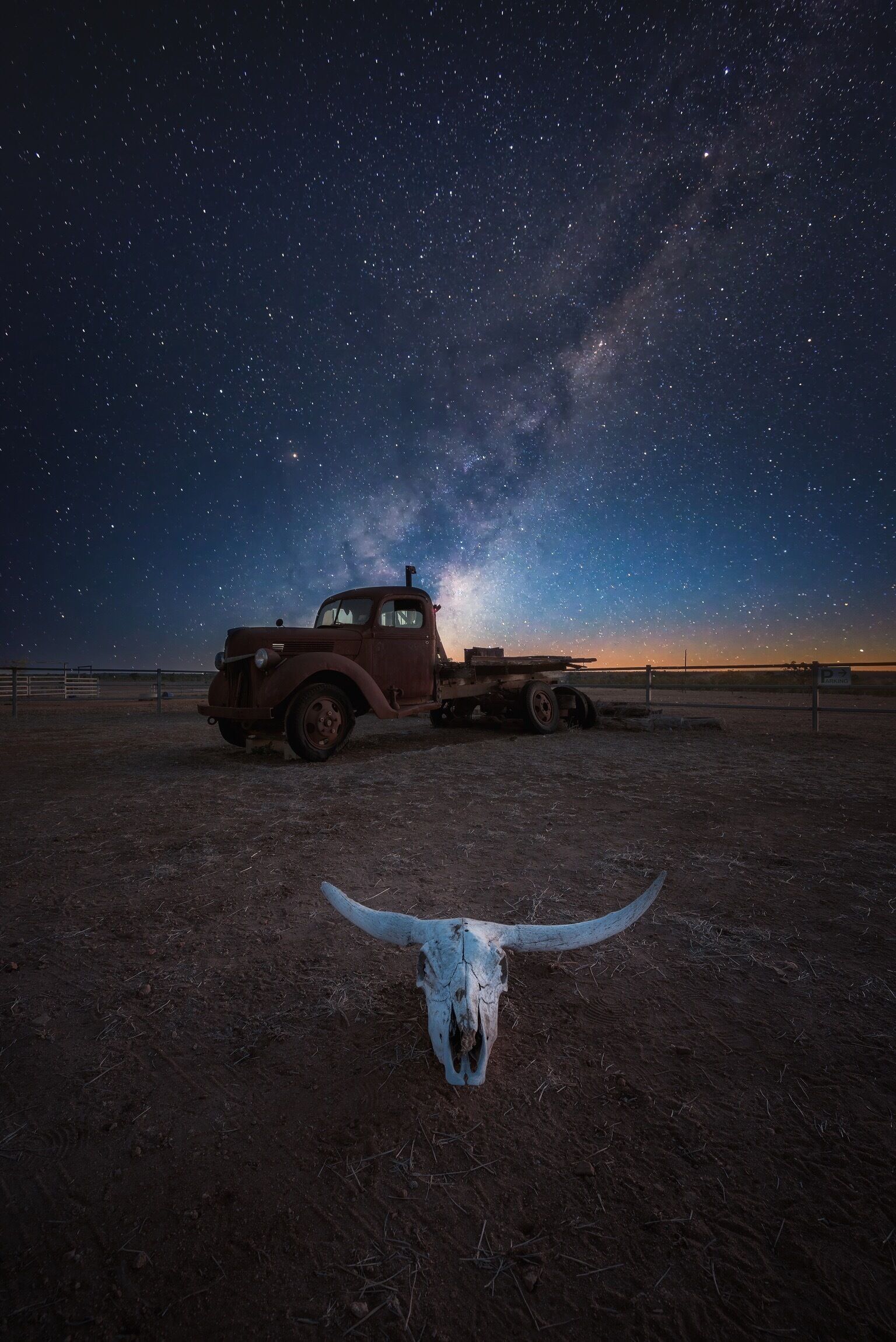 A vintage truck and a cow skull in a starry night field.