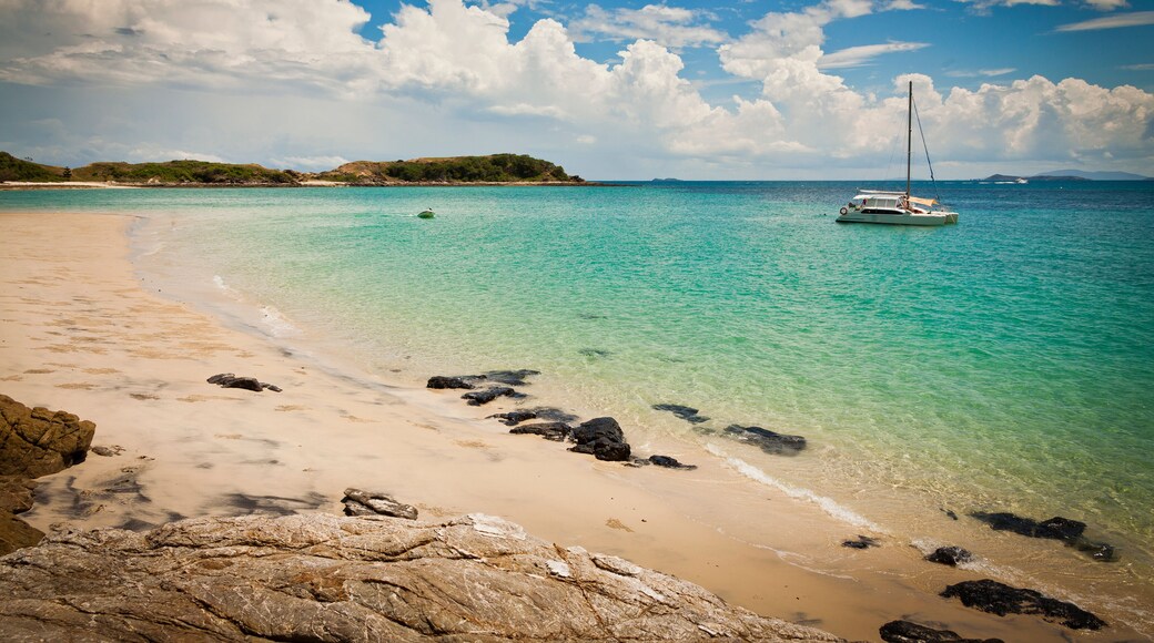 Ideal beach on Keppel Island, Queensland, Australia. Sun-soaked sand beside the turquoise ocean at the start of the Great Barrier Reef.