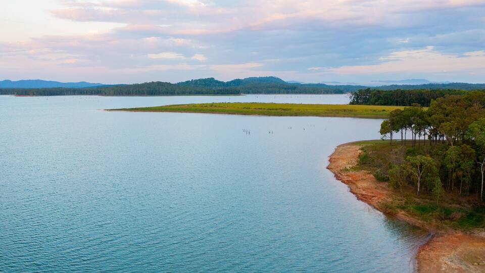 A calm lake with a sandy shoreline and a forested area in the background.