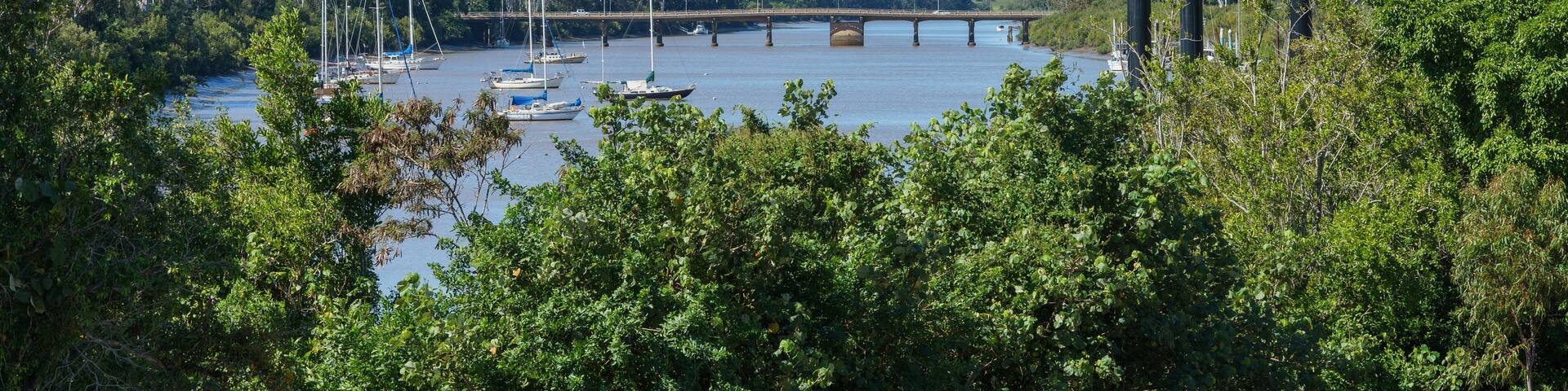 A river with boats, a bridge, and dense greenery.