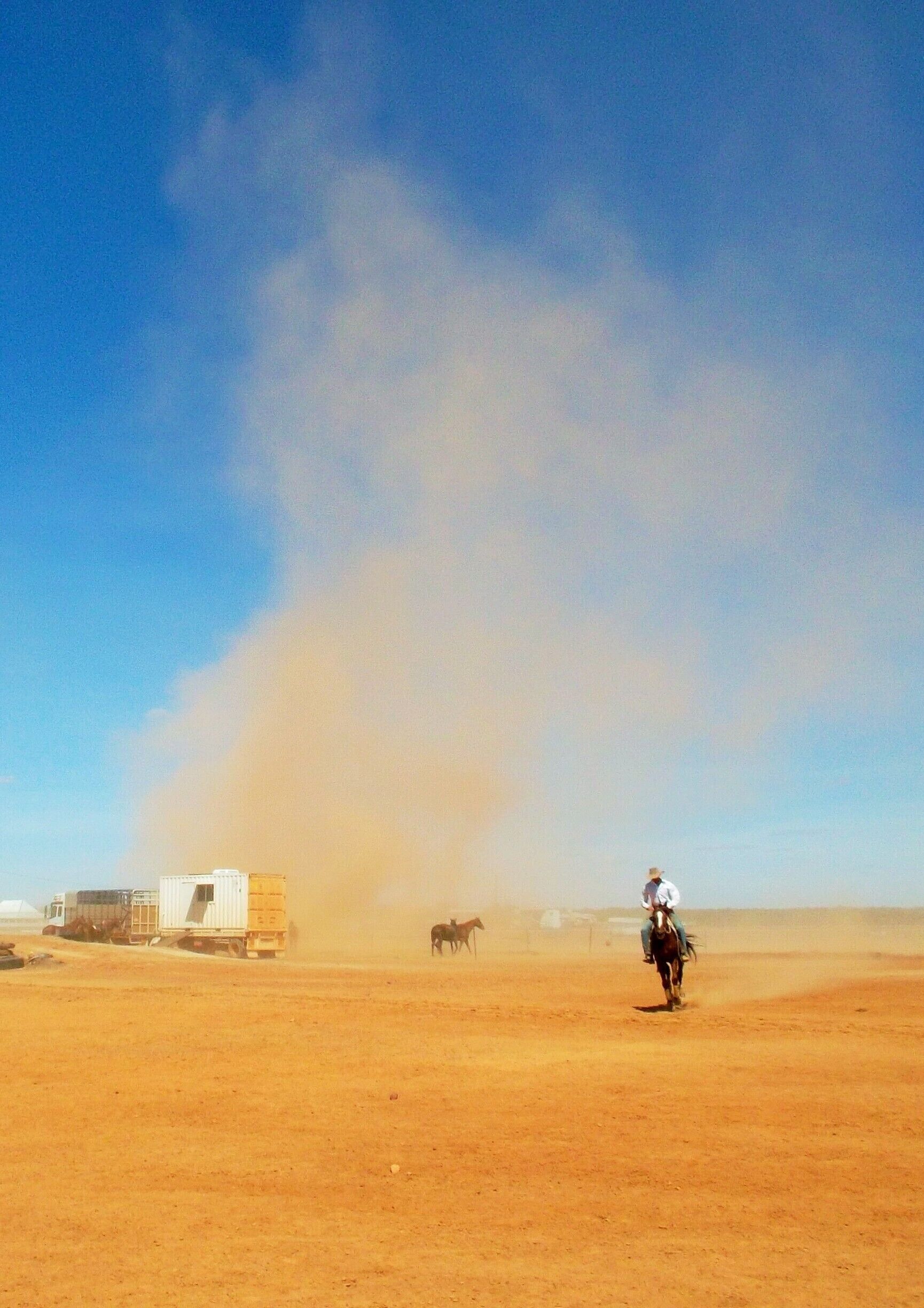 A vast desert landscape with a person riding a horse, a truck, and a camel in the background.