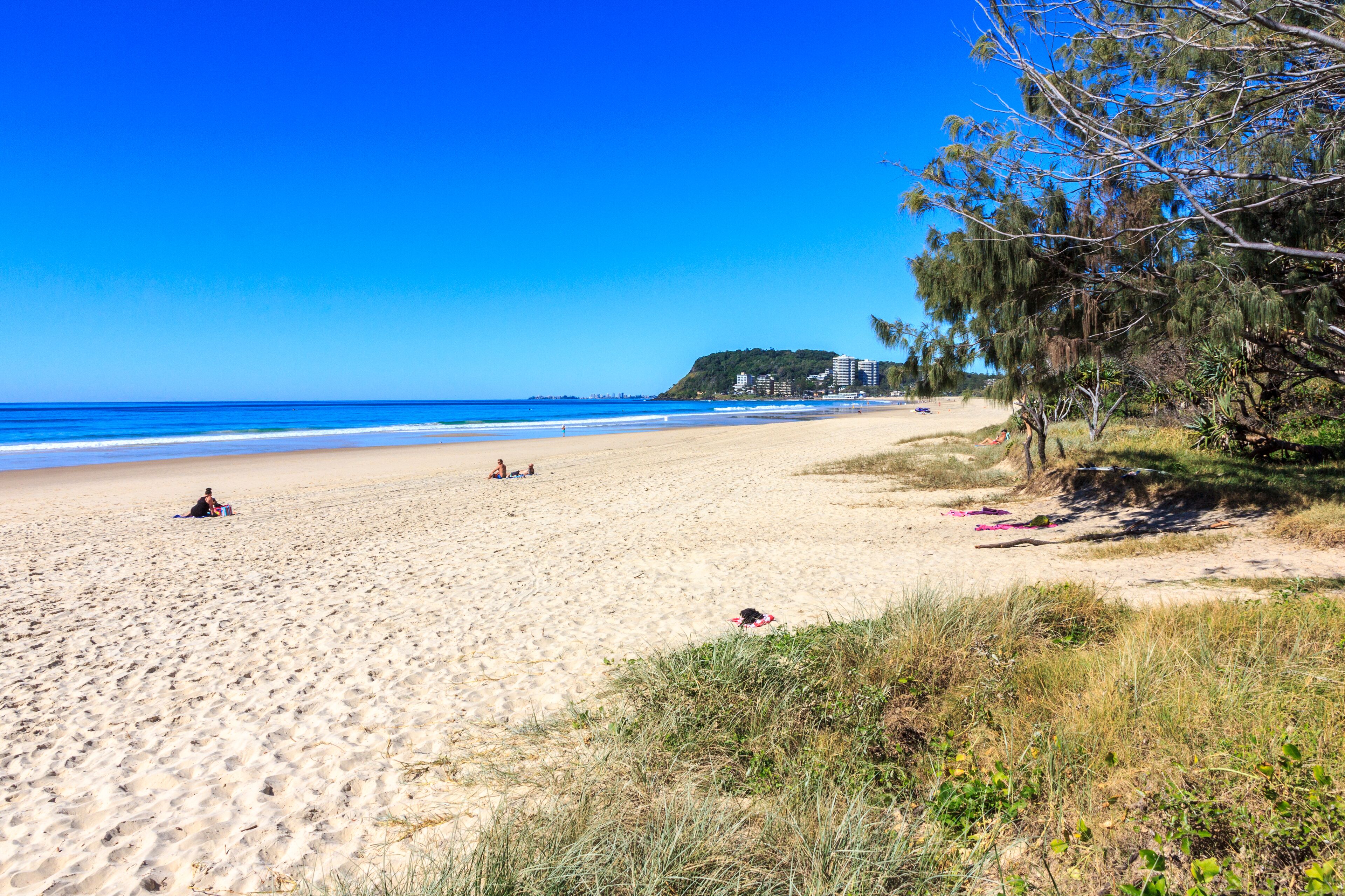 A beach with clear blue water, sandy shore, and some greenery.