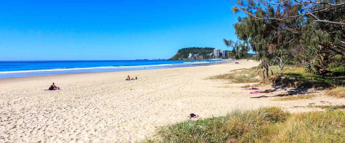 A beach with clear blue water, sandy shore, and some greenery.
