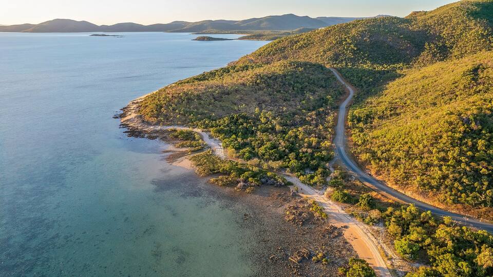 A coastal road winding through a forested area with a clear view of the ocean.