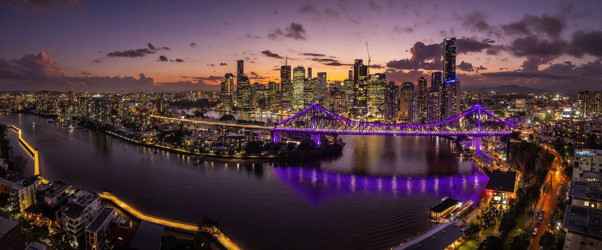 Aerial view of Brisbane's iconic Story bridge and the city, including the Brisbane financial district