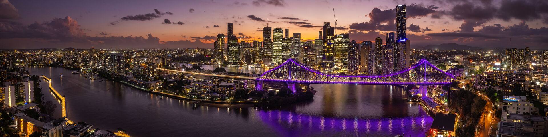 Aerial view of Brisbane's iconic Story bridge and the city, including the Brisbane financial district