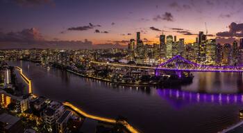 Aerial view of Brisbane's iconic Story bridge and the city, including the Brisbane financial district