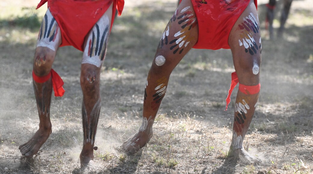 Indigenous Australians men on ceremonial dance in Laura Quinkan Dance Festival Cape York Australia