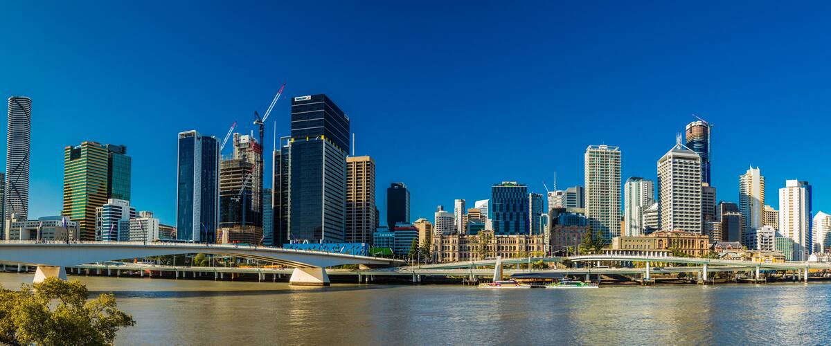 BRISBANE, AUSTRALIA AUG 12 2018: Panoramic view of Brisbane from South Bank over the river.