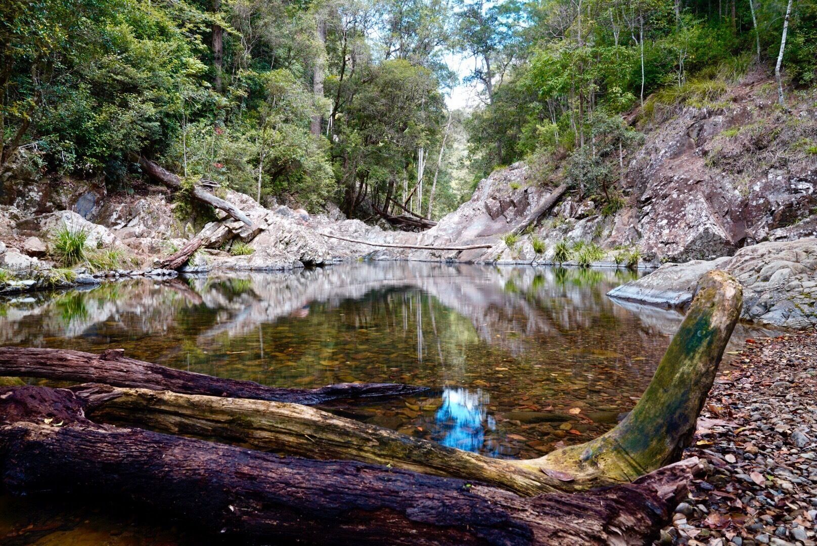 A calm river with clear water, surrounded by dense forest and rocky terrain.