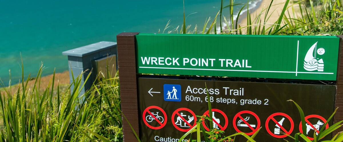 A sign for the Wreck Point Trail with a beach and ocean in the background.