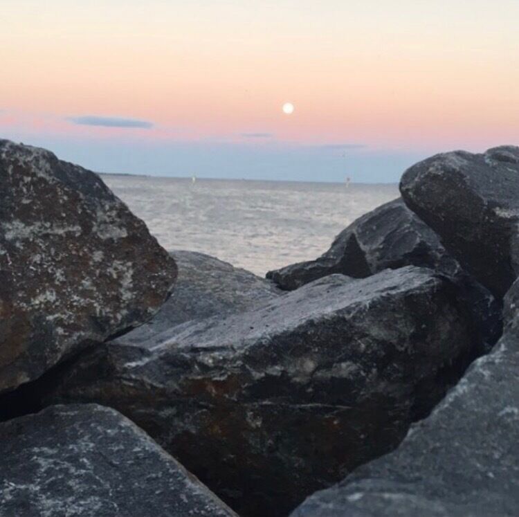 A rocky shoreline with a sunset over the ocean.