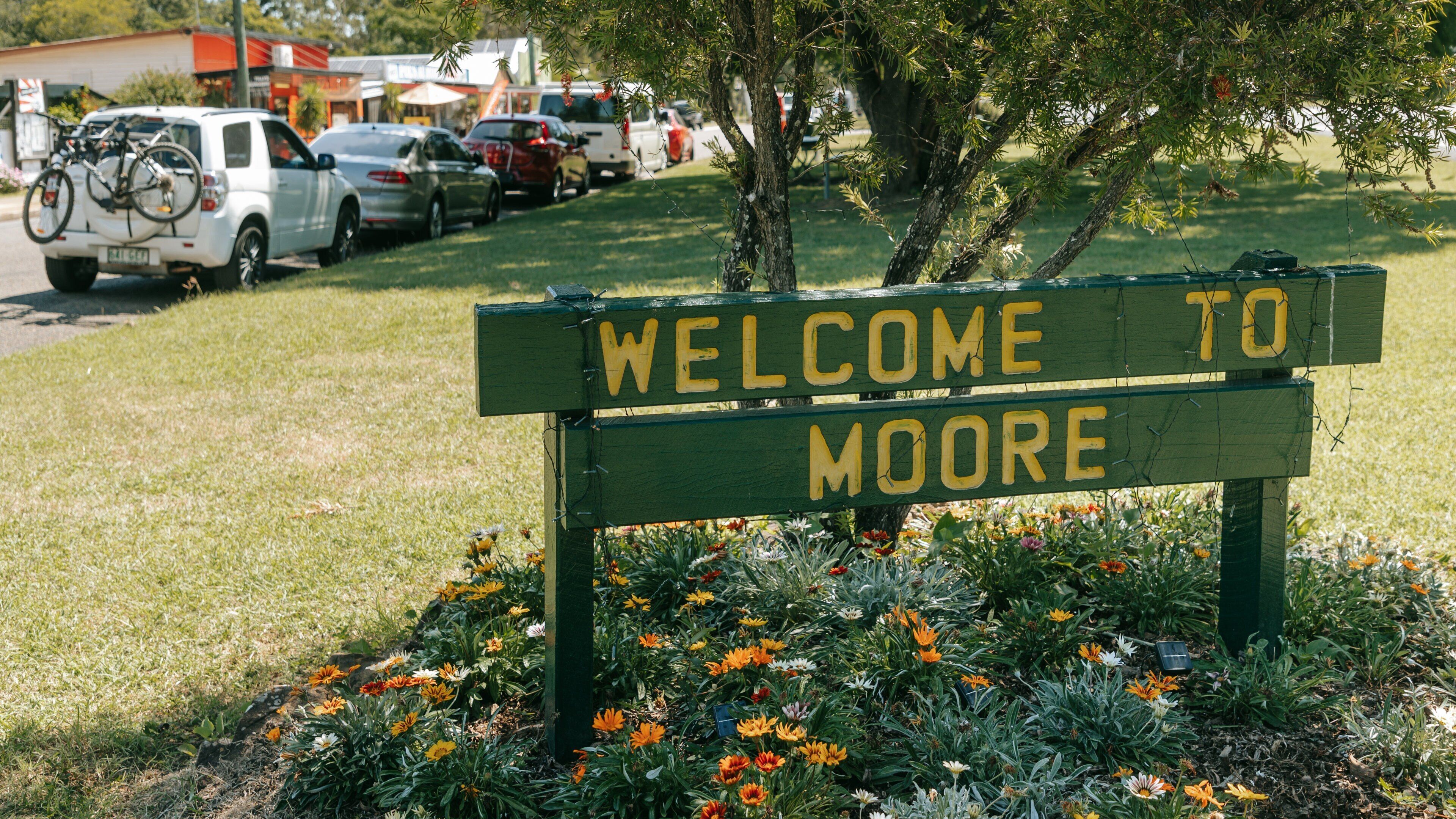 Moore which includes signage, a park and wildflowers