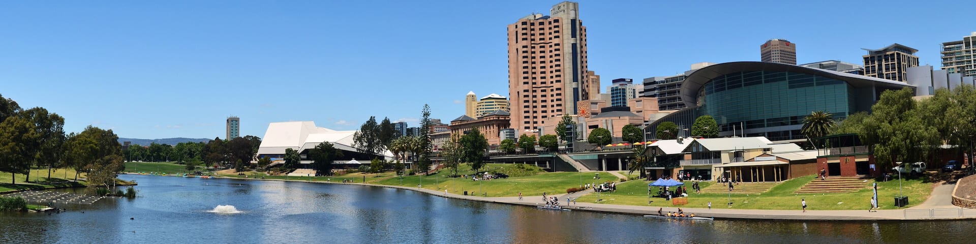 A panoramic view of the Adelaide skyline from the River Torrens.