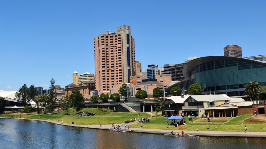 A panoramic view of the Adelaide skyline from the River Torrens.