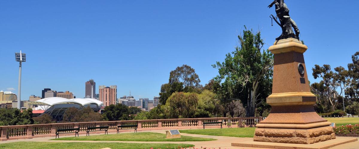 Colonel Light statue pointing out across the city of Adelaide