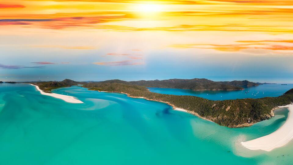 Whitehaven Beach aerial view. Panorama from a drone viewpoint. Whitsunday Islands, Australia