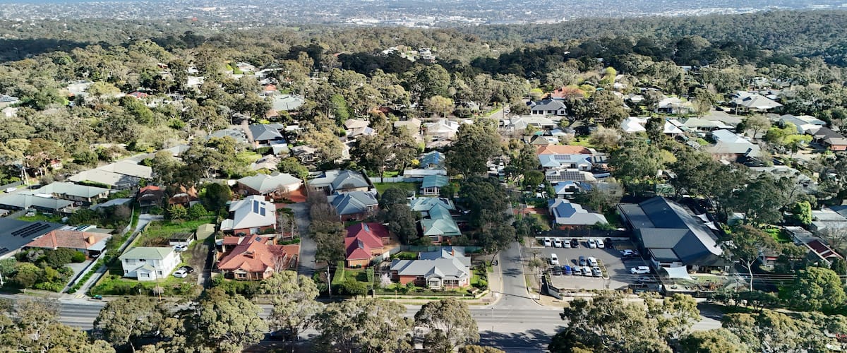 An aerial view of a residential area with houses, roads, and a distant cityscape.