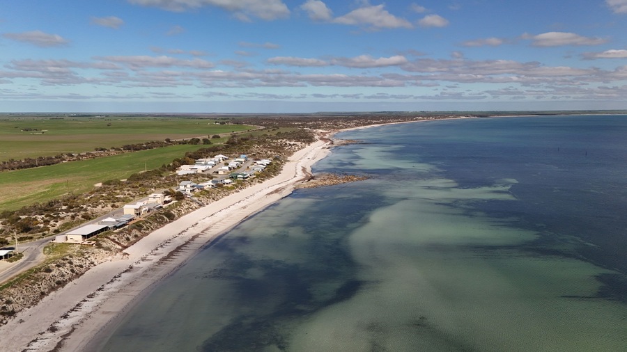 Hardwicke Bay, Yorke Peninsula, South Australia: Aerial View of Coastal Township, White Sandy Beaches, Turquoise Waters, and Scenic Farmland
