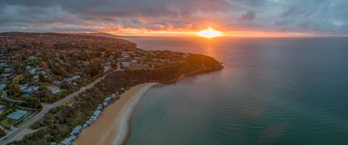 Glowing sunset over Port Phillip Bay in Australia - panorama