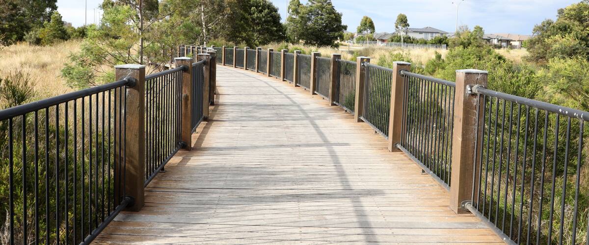 A wooden boardwalk with metal railings, surrounded by greenery and trees.