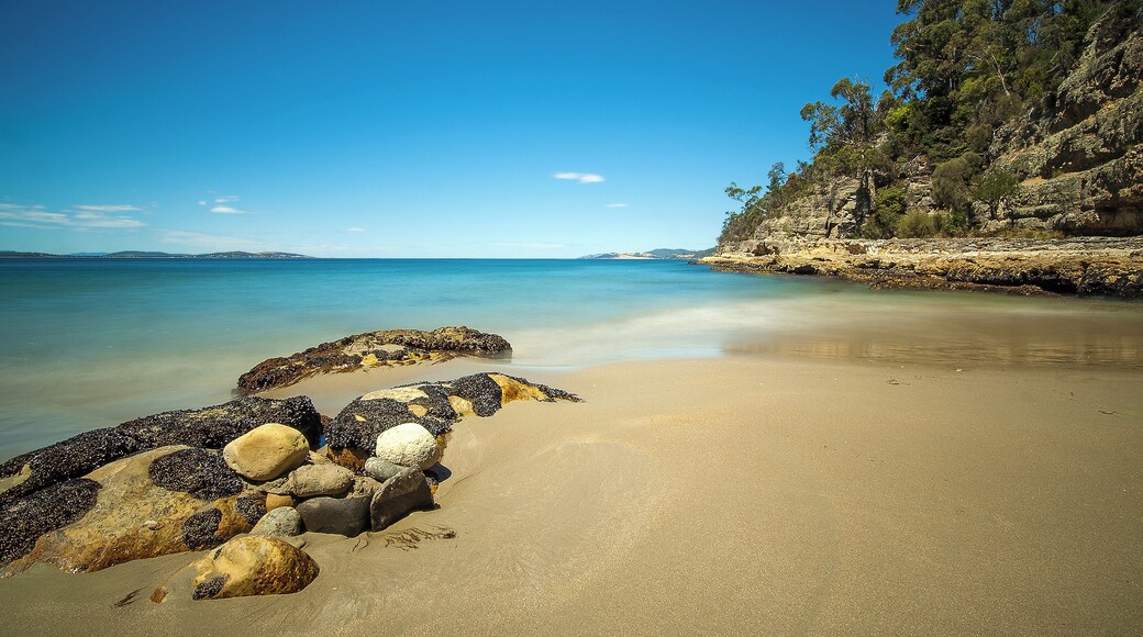 Photo of Boronia Reserve between Kingston Beach and Blackmans Bay, southern Tasmania, taken using a ND400 filter.