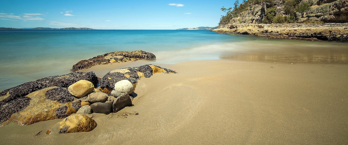 Photo of Boronia Reserve between Kingston Beach and Blackmans Bay, southern Tasmania, taken using a ND400 filter.