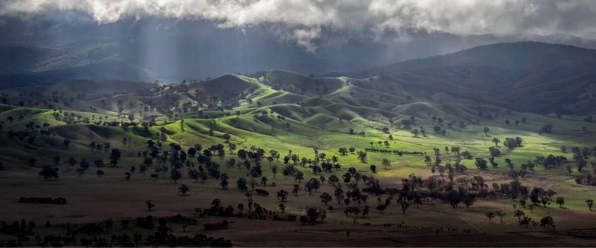 Rolling green hills, scattered trees, and distant mountains under a cloudy sky.