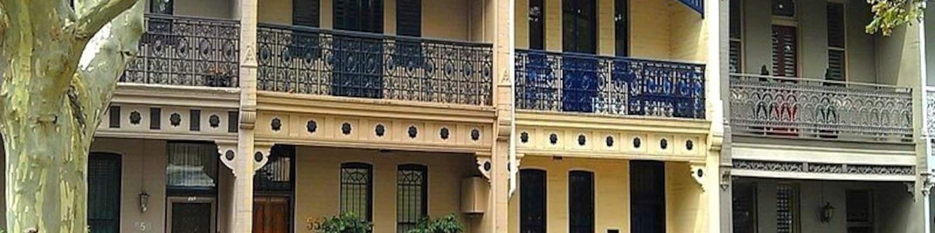 Surry Hills is one of the top inner-city neighbourhoods of Sydney and one of the most artistically-vibrant with old terrace homes. 
A great mix of cafes, restaurants, wine bars and pubs serving a wide variety of cooking styles and cultures. Wander Crown Street, Bourke street and Cleveland streets.